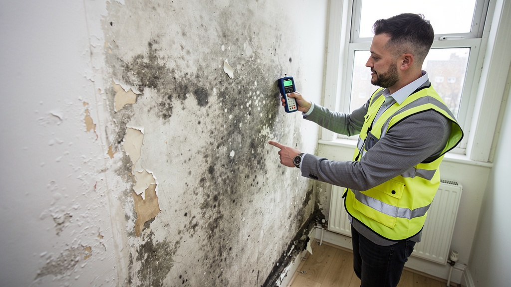 Surveyor using moisture meter on damp wall in London property
