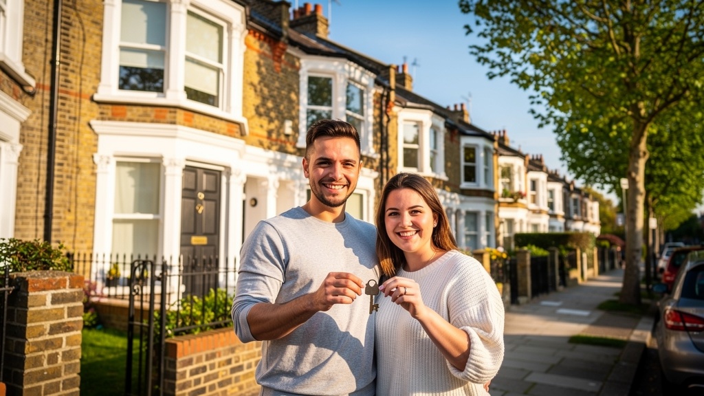 Happy first-time buyers holding house keys outside a Victorian South London home