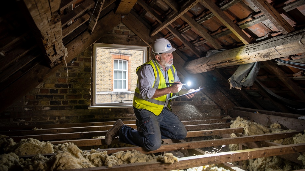 Chartered building surveyor examining the roof and loft of a period London property with professional inspection equipment
