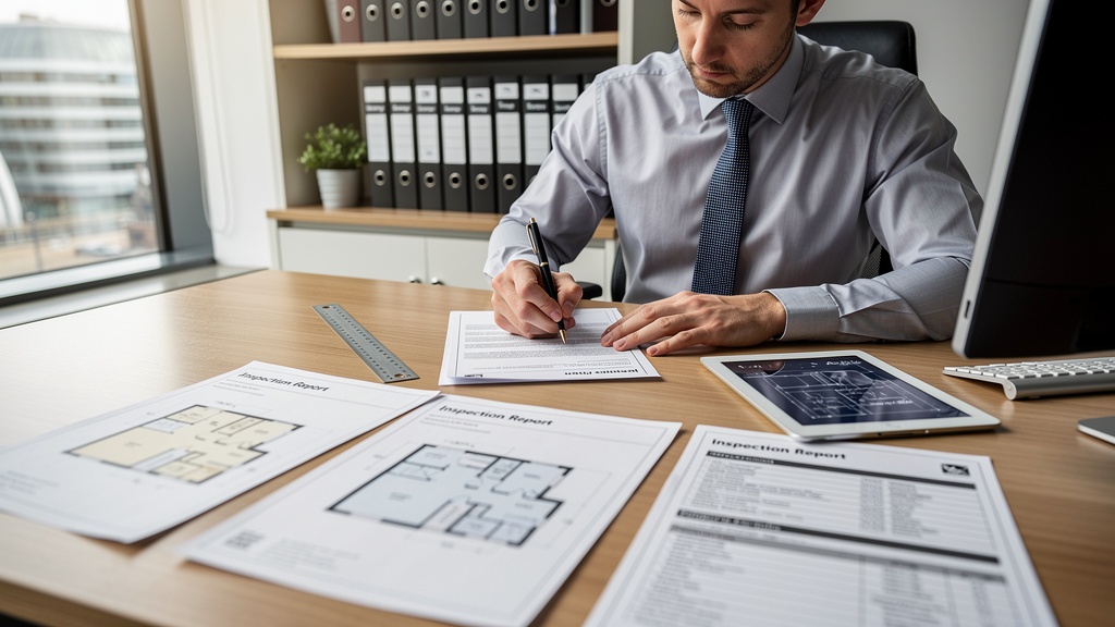 Building surveyor reviewing a detailed property inspection report at a desk with floor plans and documents