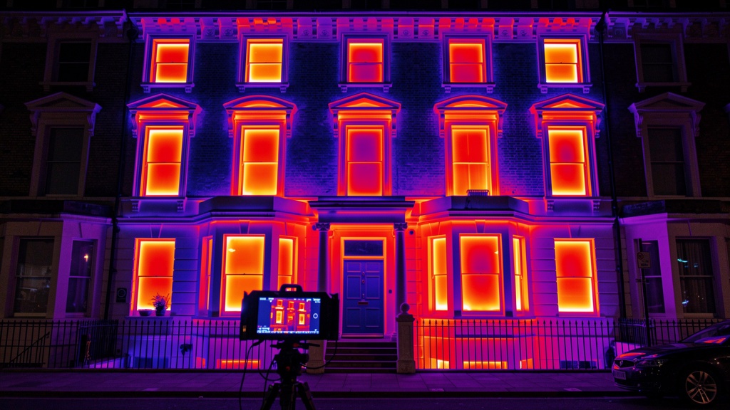 Thermal imaging camera revealing heat loss patterns through windows and walls of a London period property