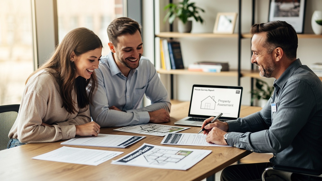 Surveyor presenting survey findings and cost estimates to homebuying couple – using the report to negotiate a price reduction
